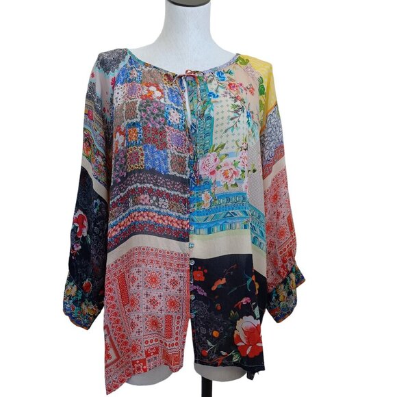 Johnny Was Rayon Floral Blouse Semi Sheer Patchwork Print Womens Large